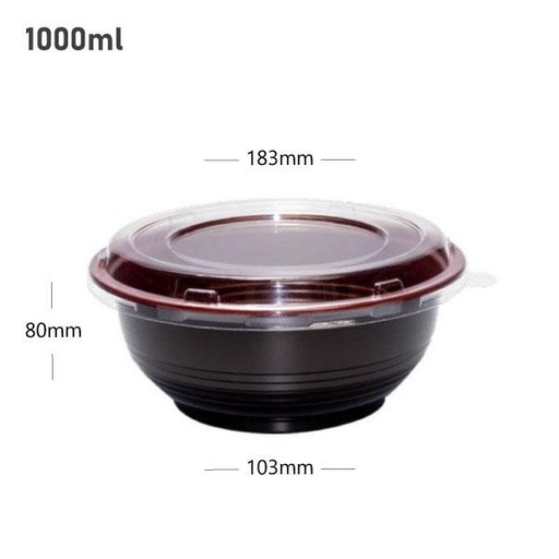 [001272] 1000ml PP Plastic Round Black Bowl with Clear Lid 250/ctn