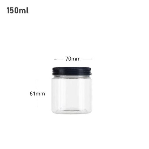 [001404] 150ml/70mm PET Clear Plastic Jar With Black Alu Cap 100/ctn
