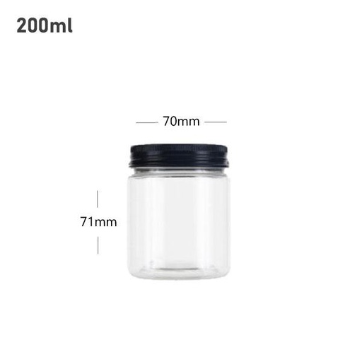 [001406] 200ml/70mm PET Clear Plastic Jar With Black Alu Cap 150/ctn