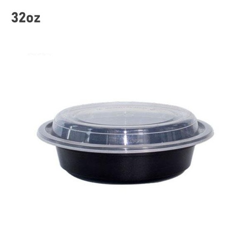 [004008] 32oz PP Plastic Round Bowl Black With Clear Lid 150/ctn